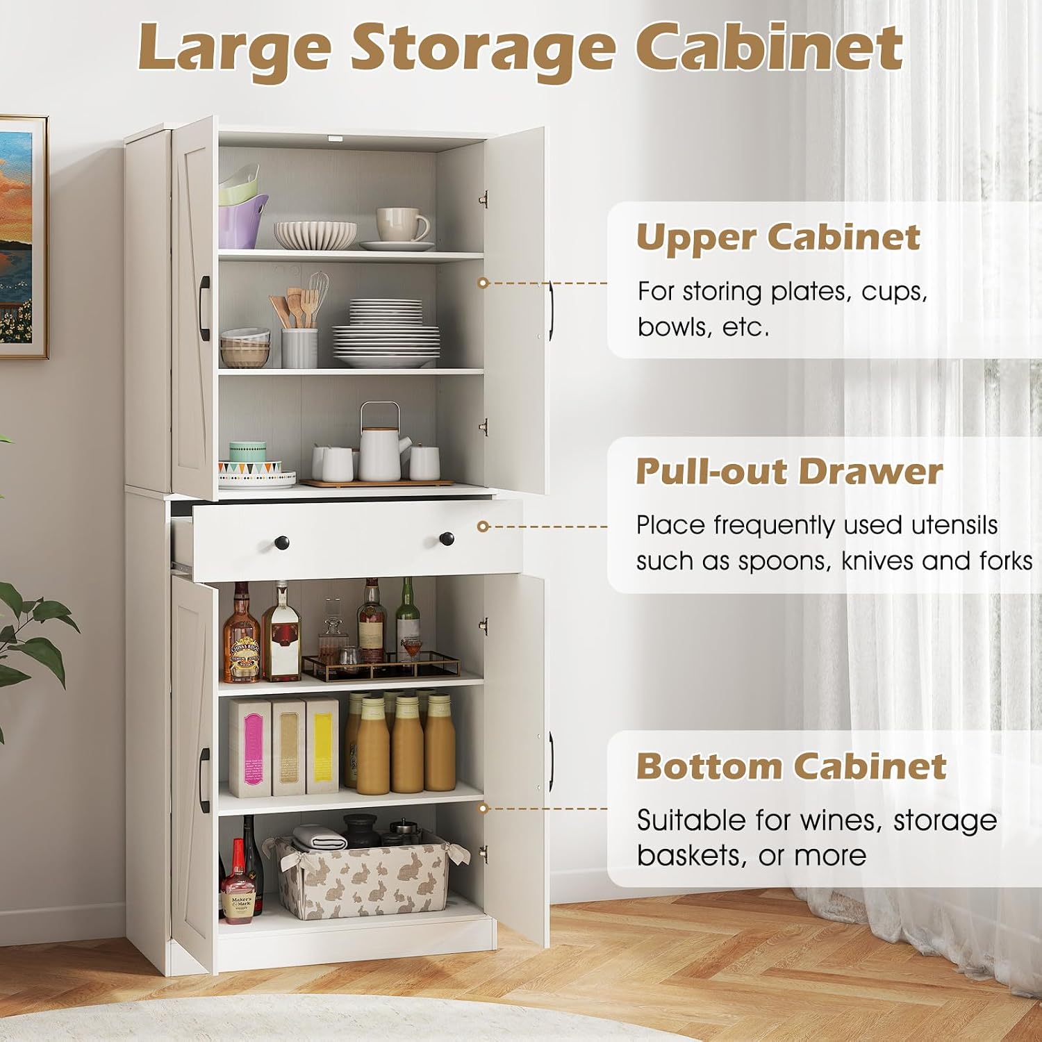 Giantex 72' Tall Kitchen Pantry Cabinet, Modern Farmhouse Pantry Storage Cabinet with 4 Barn Doors, Adjustable Shelves & Drawer, Buffet Cupboard with Living Room, Dining Room, Bathroom, White