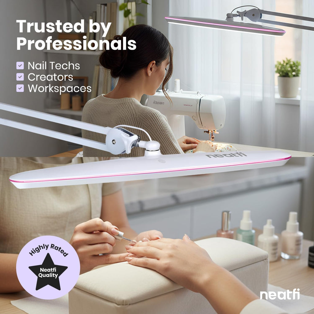 Neatfi XL 2,200 Lumens 24W LED Desk Lamp – 23' Wide Shade | Dimmable Eye-Caring Task Light | Adjustable Arm | Home Office, Study, Crafts & Nail Tech (White with Pink Ring, Non-CCT with Clamp)