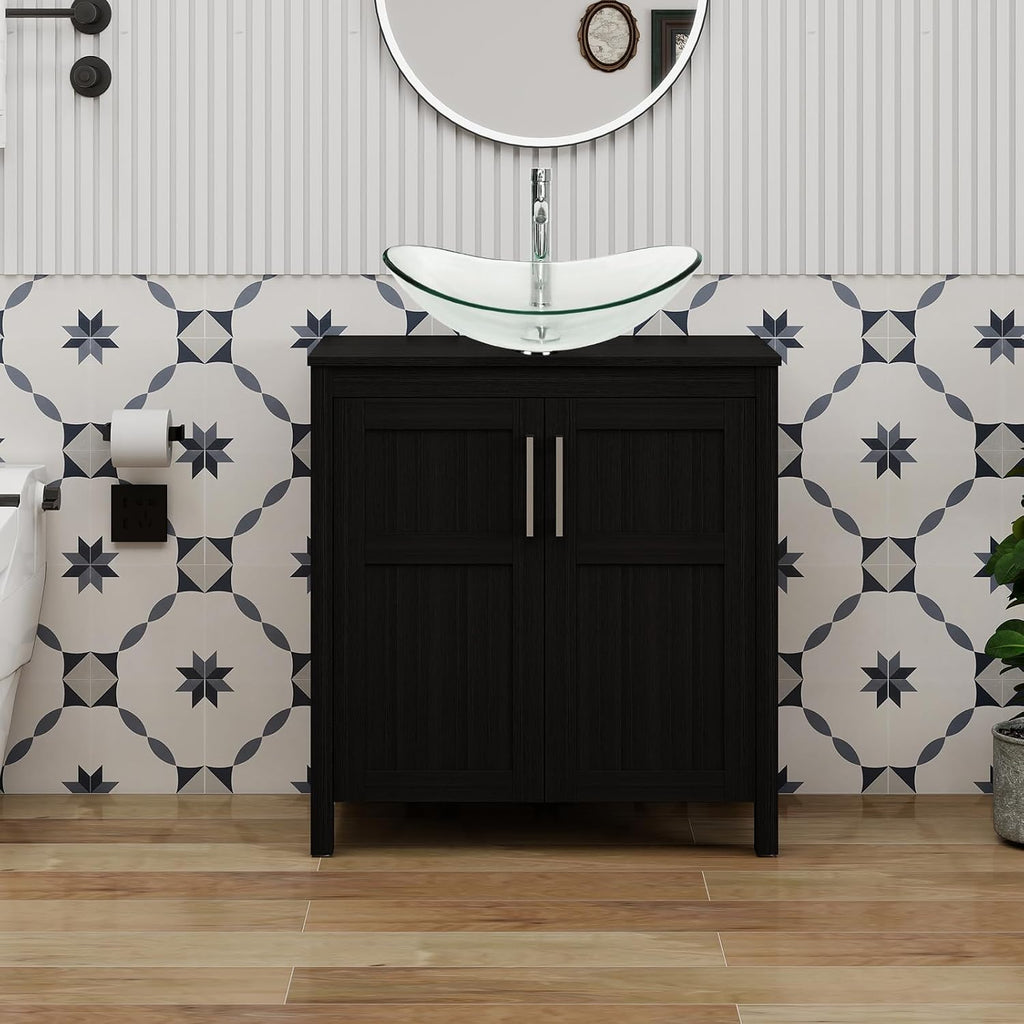 YOURLITE 30 Inches Traditional Bathroom Vanity Set with Single Faucet Hole, Clear Boat Glass Sink, Black Finish, 2-Door Cabinet