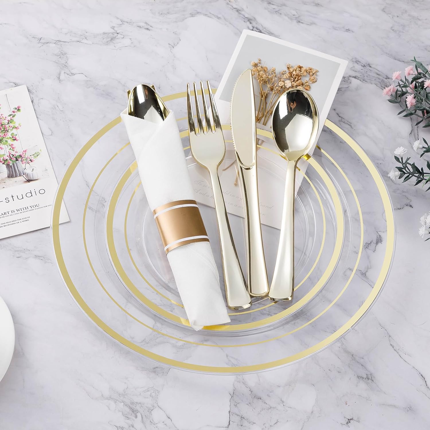 BESTVIP 700PCS Clear Gold Plastic Dinnerware Set for 100 Guests, Disposable Party Plate for Christmas and New Year, Include: 200 Plastic Plates, 100 Pre Rolled Napkins with Silverware, 100 Cups