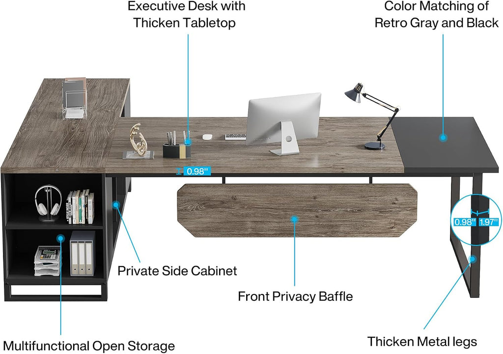 Tribesigns 70.8-Inch Executive Desk with 55-Inch File Cabinet, Large L Shaped Computer Desk with Storage Cabinet and Shelves, Industrial L-Shaped Desk for Home Office, Retro Gray & Black