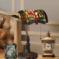 Tiffany Style Bankers Table Lamp Stained Glass Piano Desk Lamp Vintage Bedroom Bedside Lamp for Study,Antique Alloy Base,Zipper Switch,Dragonfly a