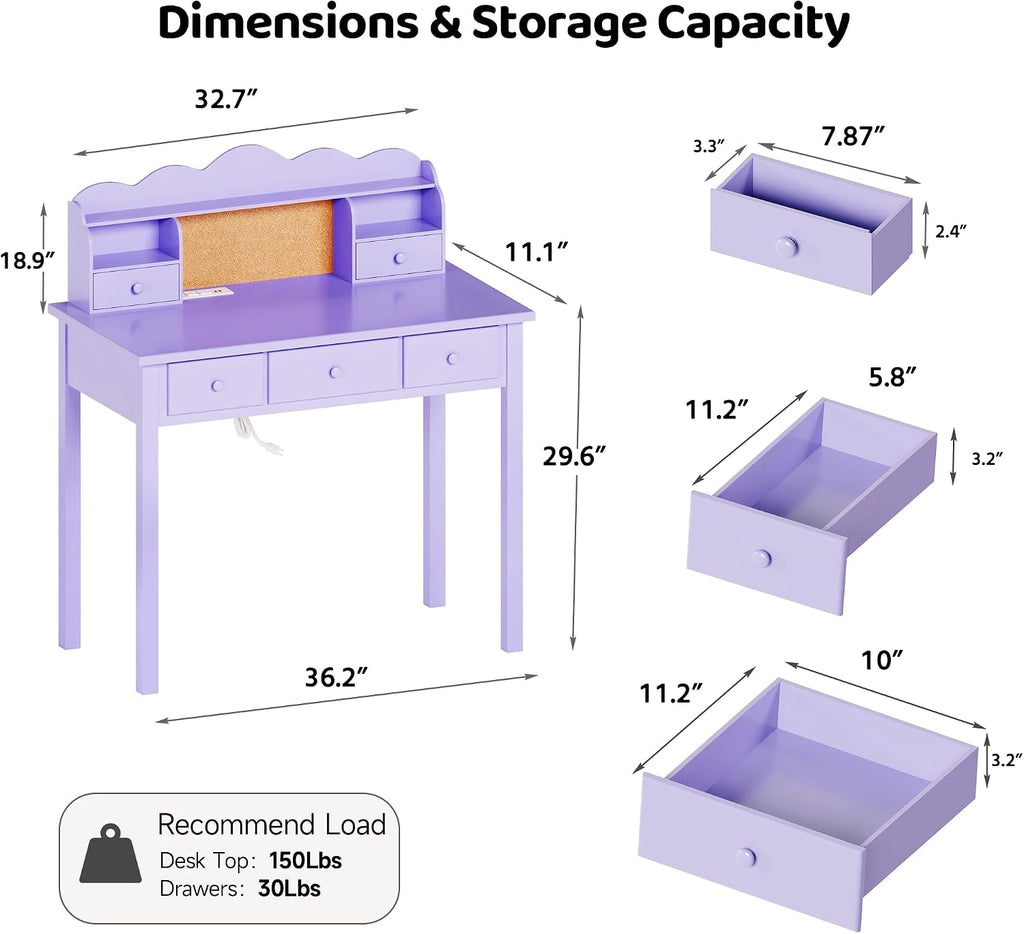 FUNKOCO Home Office Furniture Writing Desk, 36 Inch Computer Work Station with Detachable Hutch for Small Place, 5 Drawers(Purple)