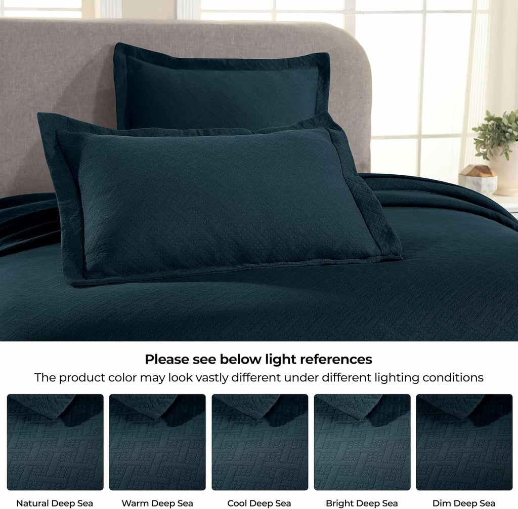 Superior 3 Piece Basketweave Cotton Bedspread Set, Home Bed Decor, Decorative Bed Spread, 2 Pillow Shams, Medium Weight Blanket, Matelasse Coverlet Bedding, Geometric Lattice Pattern, Queen, Deep Sea