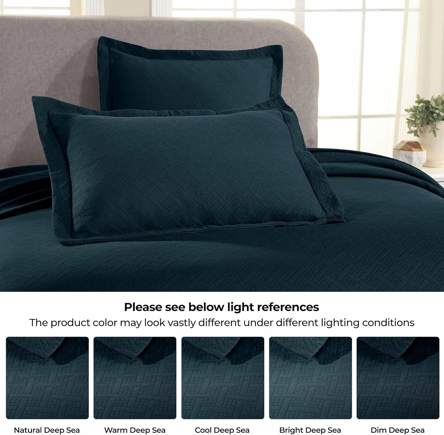 Superior 3 Piece Basketweave Cotton Bedspread Set, Home Bed Decor, Decorative Bed Spread, 2 Pillow Shams, Medium Weight Blanket, Matelasse Coverlet Bedding, Geometric Lattice Pattern, Queen, Deep Sea