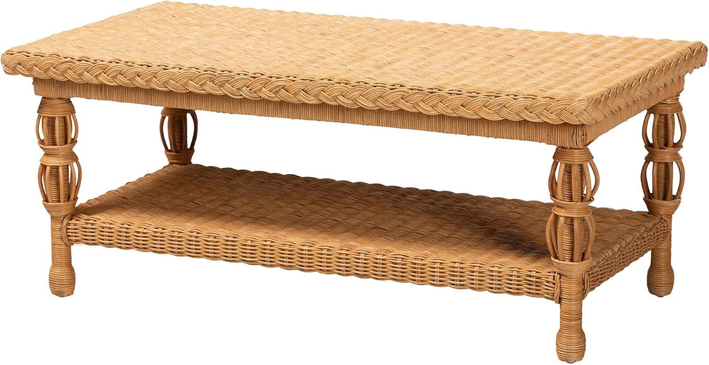 Bali & pari Dolby Natural Rattan Coffee Table - Handwoven Wicker Accent Table with Lower Shelf, Coastal Boho Style Living Room Centerpiece