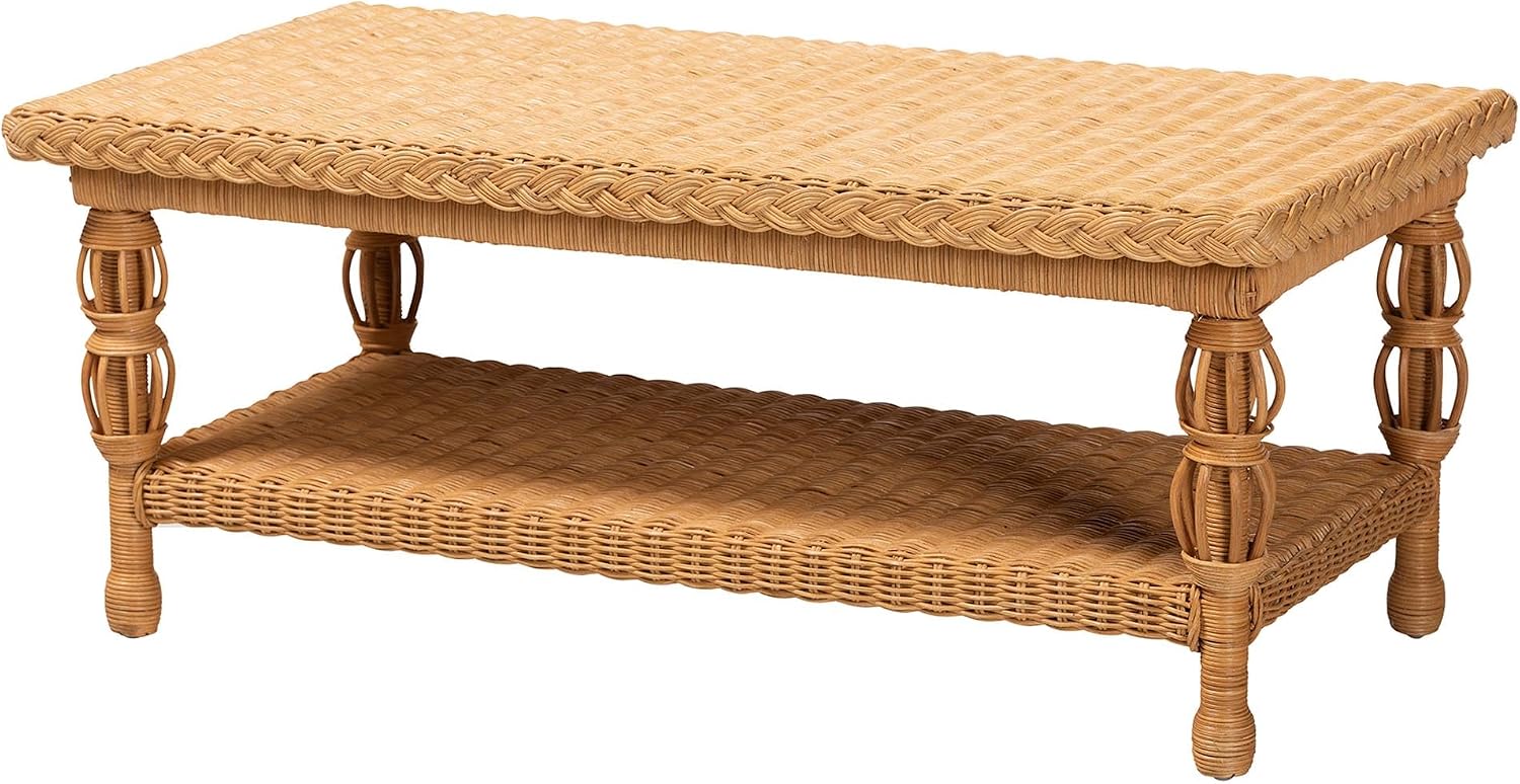 Bali & pari Dolby Natural Rattan Coffee Table - Handwoven Wicker Accent Table with Lower Shelf, Coastal Boho Style Living Room Centerpiece
