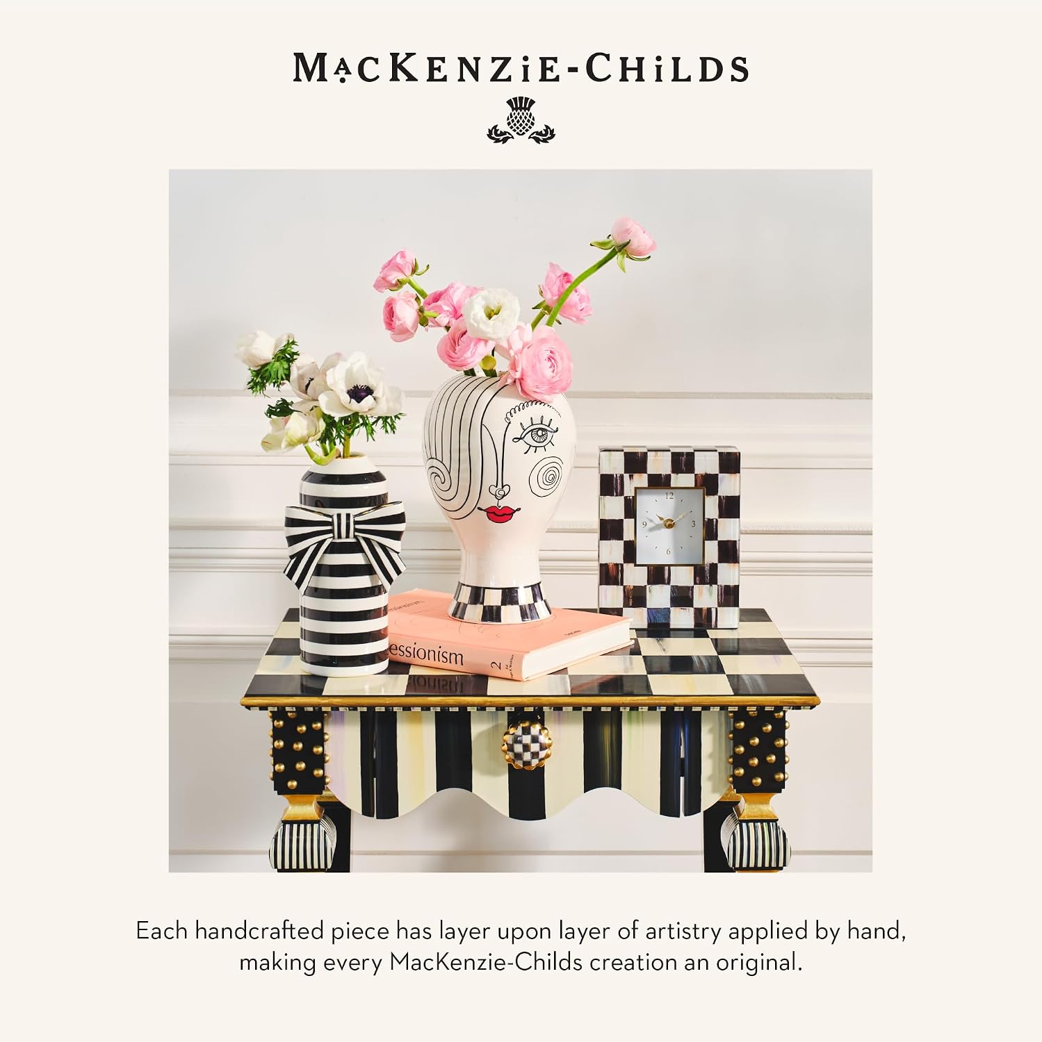 MACKENZIE-CHILDS LED Rechargeable Cafe Table Lamp, Cordless Decorative Lamp, Black-and-White Courtly Check