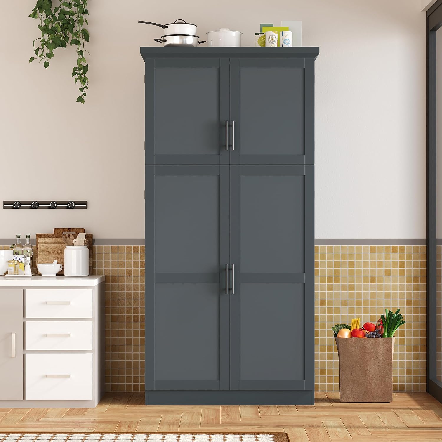 70.9 inch Kitchen Pantry Cabinet, Wood Freestanding Tall Storage Cabinet with 4 Doors and 2 Door Shelves, 8 Pull-Out Trays and Adjustable Shelf for Dining Room (Gray/65e)