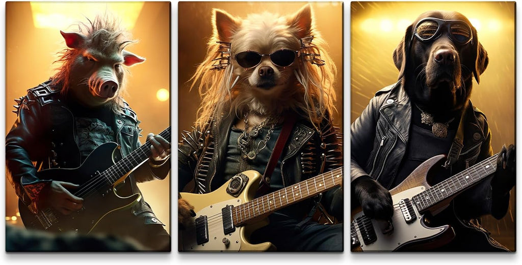 YONICA 3 Panel Animal Band Canvas Wall Art for Home Music Decor - Funny Animals Playing Musical Instruments Modern Cool Wall Picture Print On Canvas HD Giclee Artwork Ready to Hang - 20'x30'x3 Panels