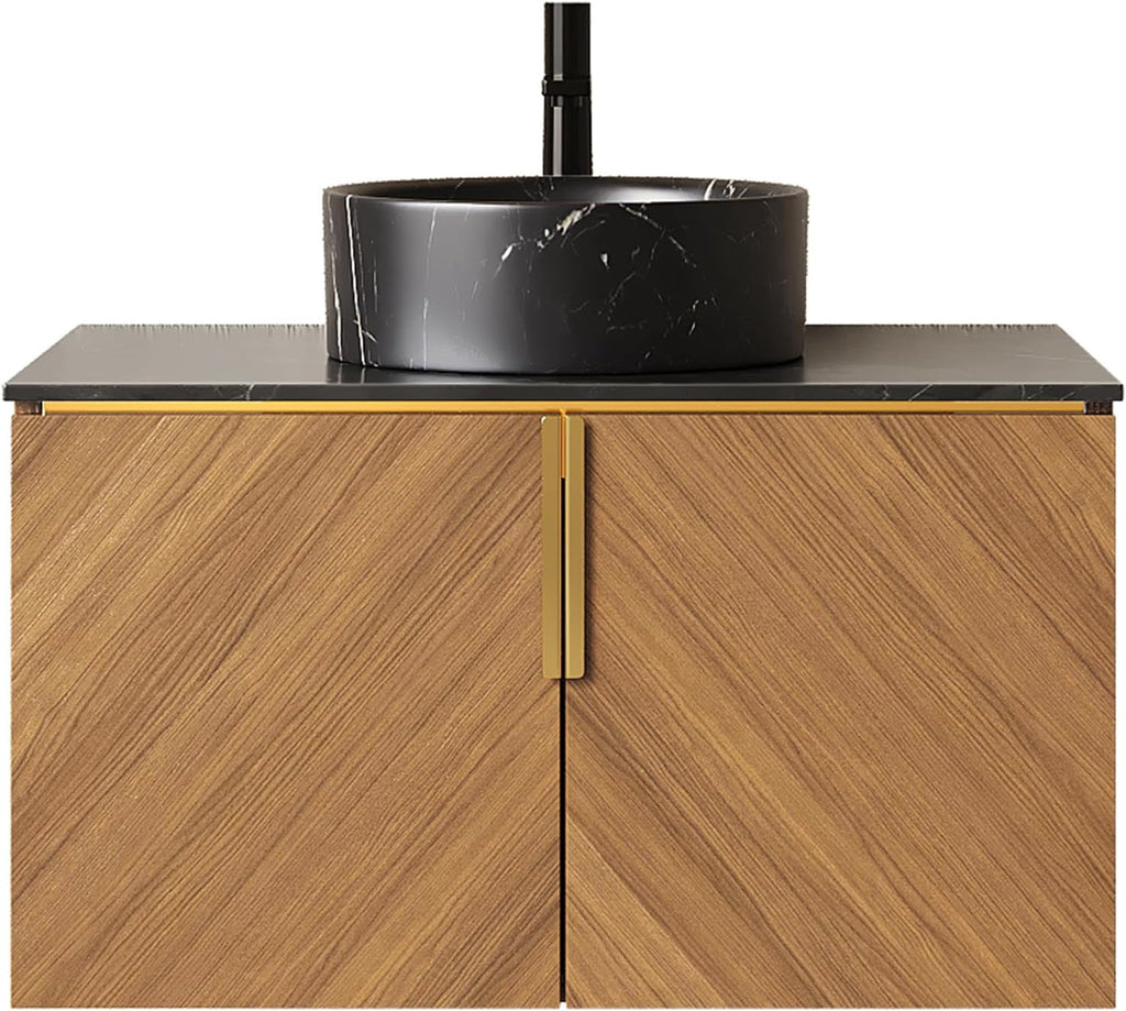 30' Floating Bathroom Vanity with Sink Combo, Modern Vanity with Vessel Sink, Wall-Mounted Bathroom Vanity Cabinet with Doors, Black Countertop and Black Round Ceramic Basin,Brown Oak