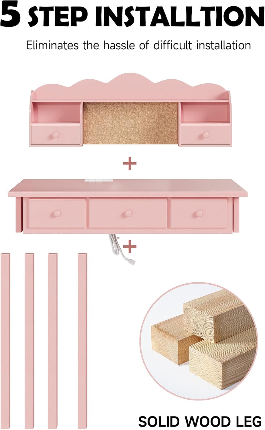 FUNKOCO Home Office Furniture Writing Desk,Computer Work Station with Detachable Hutch,5 Drawers(Pink)