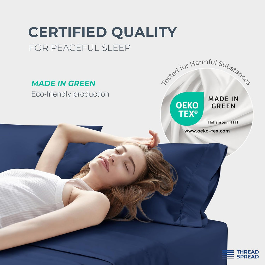 THREAD SPREAD 100% Egyptian Cotton King Size Sheets Set - Luxury 1500 Series Egyptian Cotton Sheets King Size (4 PC, Navy Blue), Silky Soft, Sateen Weave, Cooling & Breathable, 17' Deep Pocket Bed Set