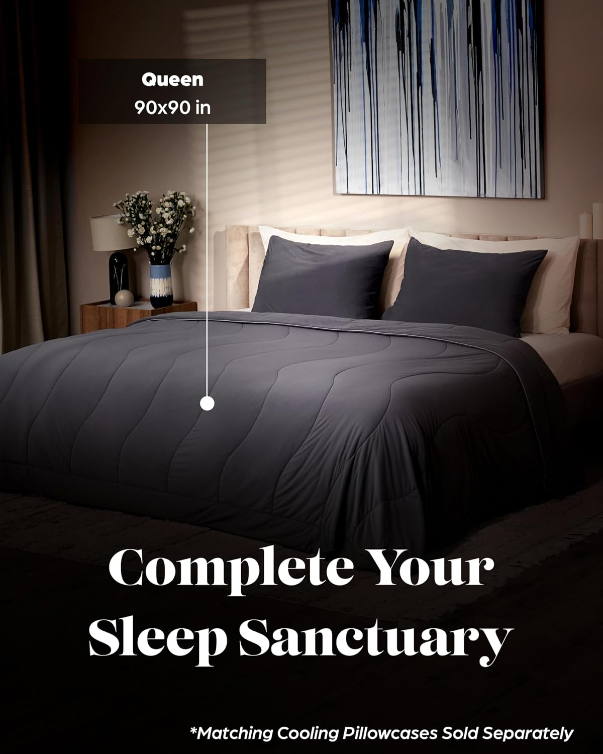 Lavish Comforts Cooling Comforter Queen Size 90x90, Cooling Blanket for Hot Sleepers & Night Sweats, Breathable Lightweight All Season Bedding Comforter, Soft Dark Grey Duvet Insert