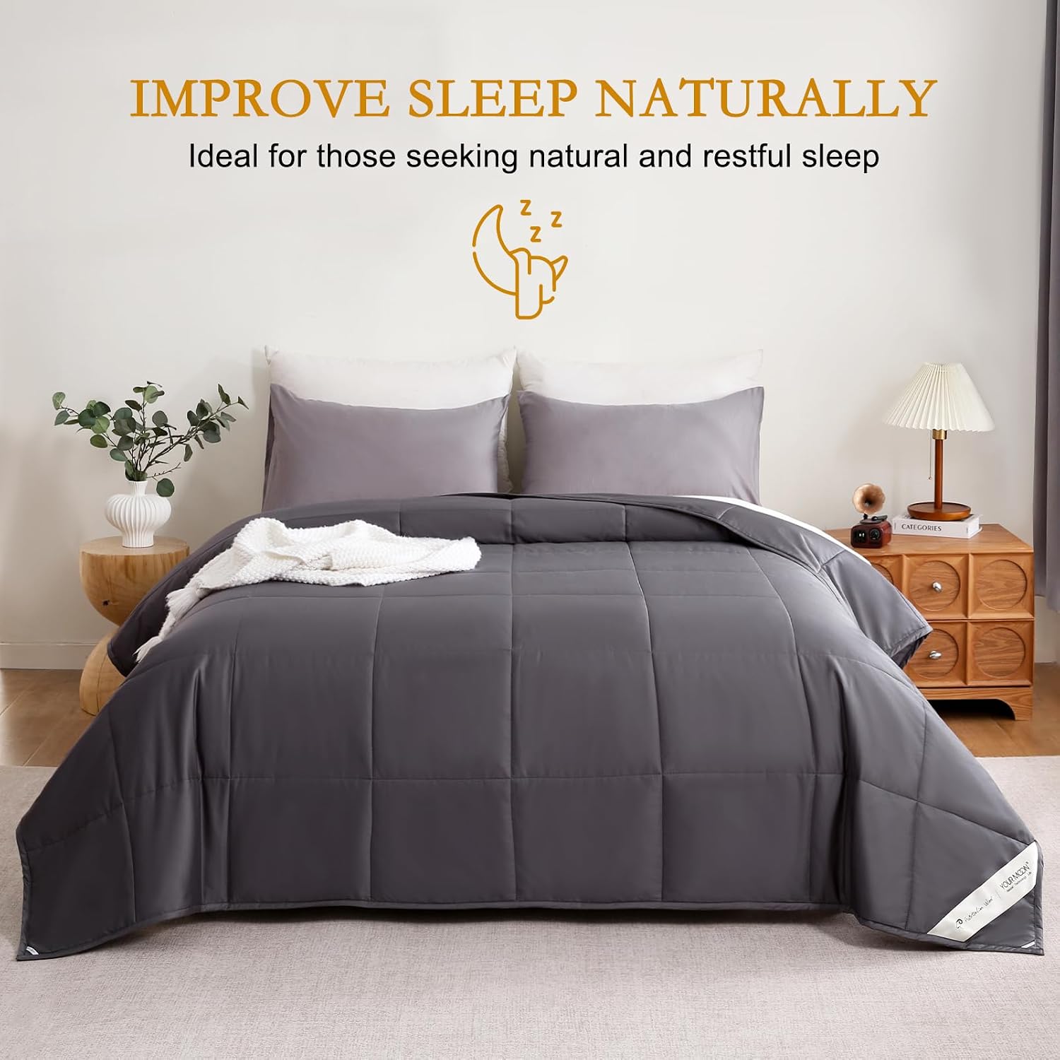 YOUR MOON Luxurious All Season Wool Comforter Queen Size, 100% Australian Lamb Wool Filling, Hypoallergenic Comforter Duvet Insert with Soft Noiseless Cotton Shell (Dark Gray)