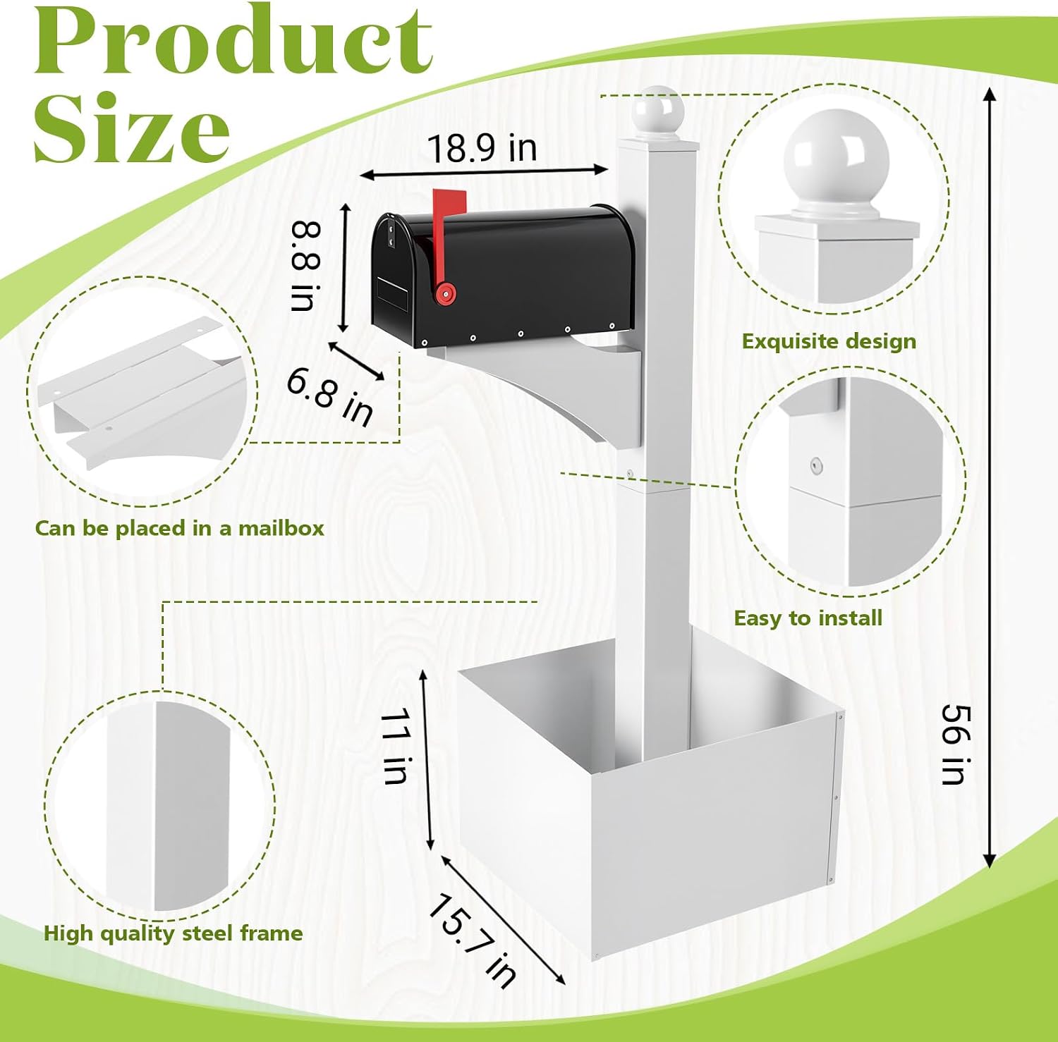 Colingmill White and Black Iron Mailbox Posts with Mailbox and Planter Box for Outside Decorative Ground Mounting Post 56 Inch / 4.6 ft Tall Heavy Duty Stand for Outdoor Use