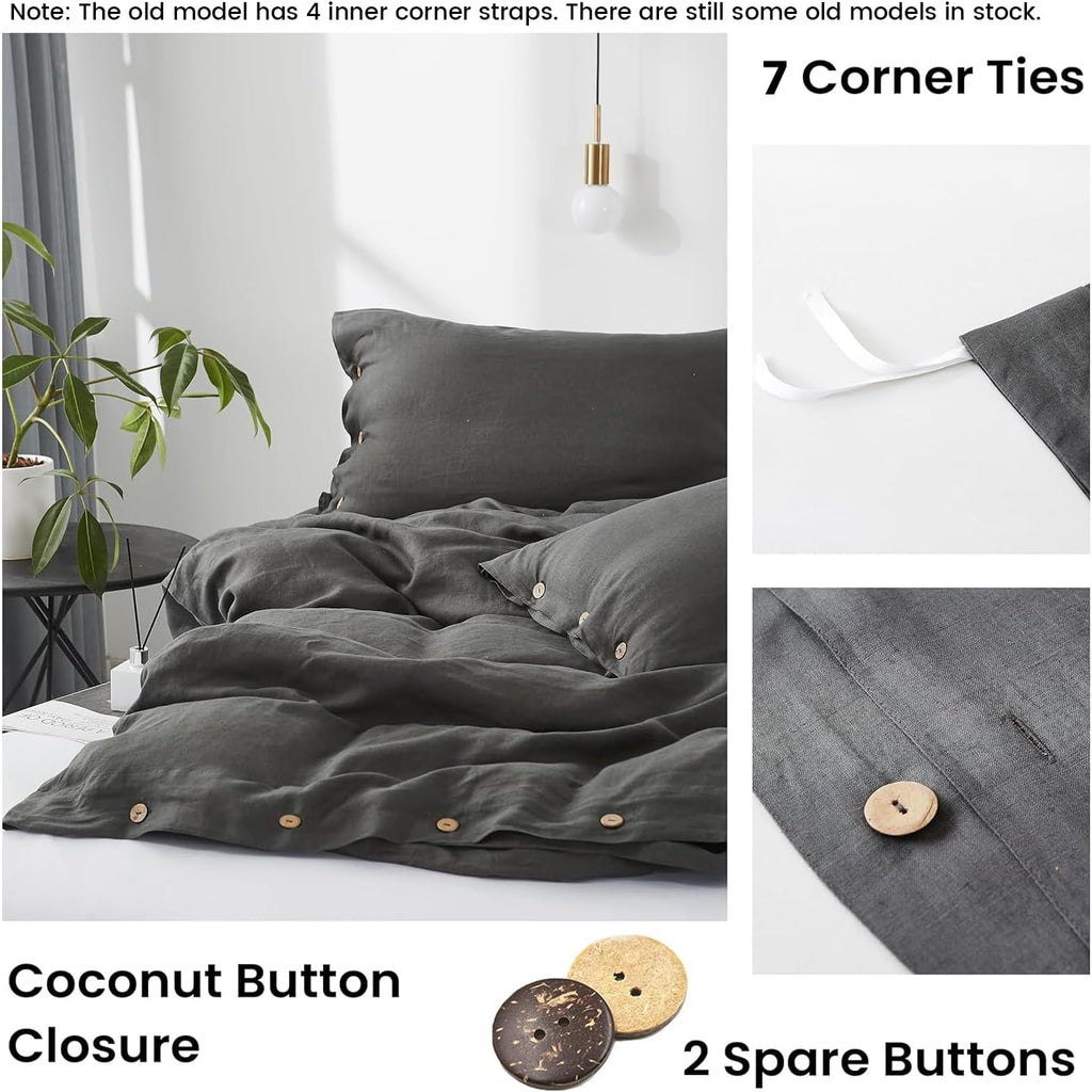 Simple&Opulence 100% Linen Duvet Cover Set 3pcs with Coconut Button Closure Natural French Washed Flax Solid Color Soft Breathable Farmhouse Bedding - Dark Grey, Queen Size