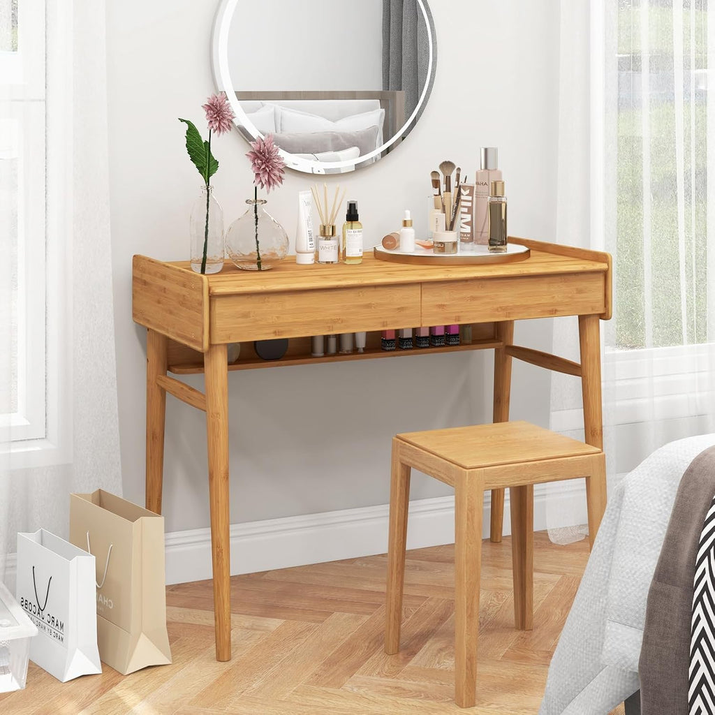 POWERSTONE 39.5' Writing Computer Desk, Modern Bamboo Home Office Desk with 2 Storage Drawers and One Shelf, Study Writing Table Workstation