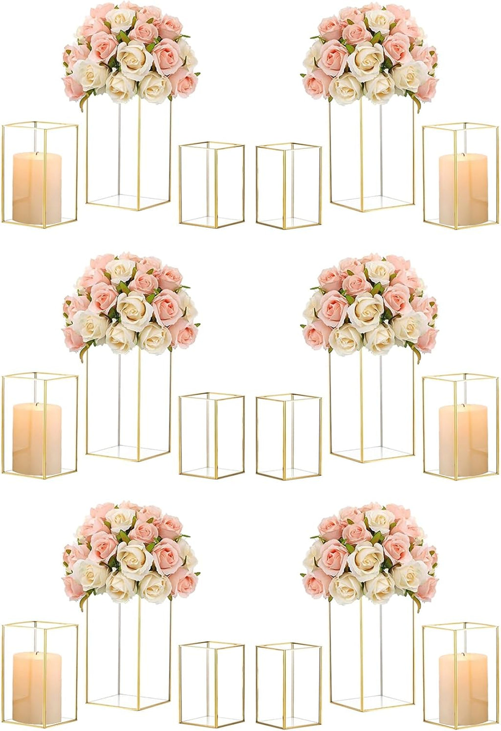 Hewory Glass Hurricane Candle Holder Set of 18, Gold Large Hurricane Centerpiece for Table, Tall Floor Square Pillar Candle Holders Lantern Set for Wedding, Anniversary, Party, Fireplace, Dining Room