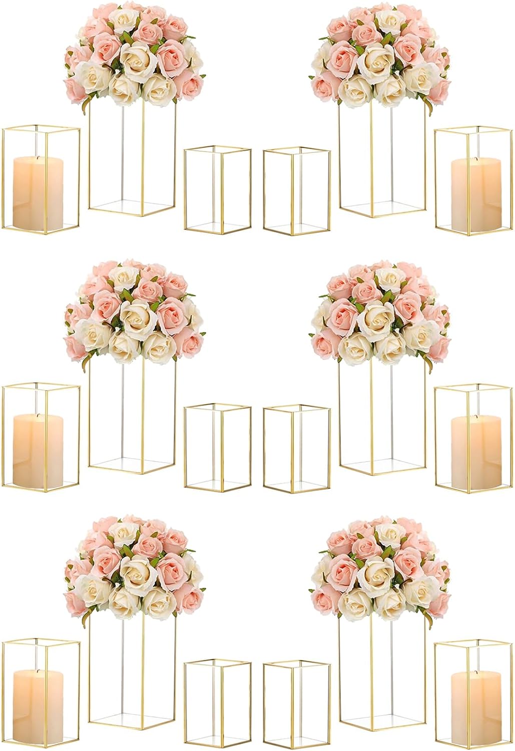 Hewory Glass Hurricane Candle Holder Set of 18, Gold Large Hurricane Centerpiece for Table, Tall Floor Square Pillar Candle Holders Lantern Set for Wedding, Anniversary, Party, Fireplace, Dining Room