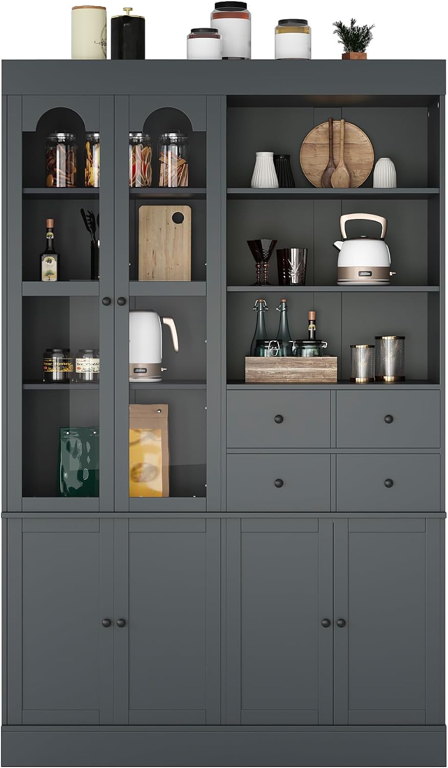 Modern 75inch Tall Kitchen Pantry Storage Cabinet with 4 Drawers, Freestanding Buffet Cabinet with Door Shelves and Pull-Out Trays for Dining Room, Living Room (Gray/32r)