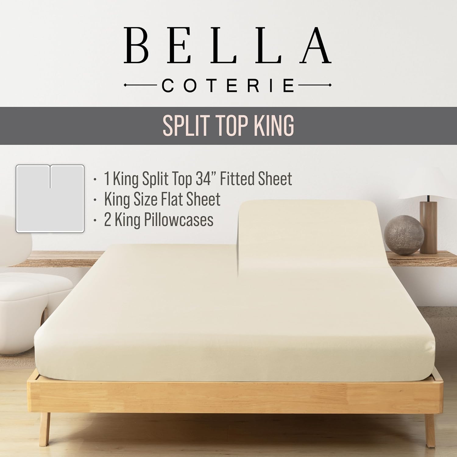 Bella Coterie Luxury Bamboo Viscose 34' Split Top King Size Sheet Set | 1 Fitted Sheet for Sleep Number & Adjustable Beds | 100% Organically Grown | Cooling & Soft | 18' Deep Pocket [Ivory]