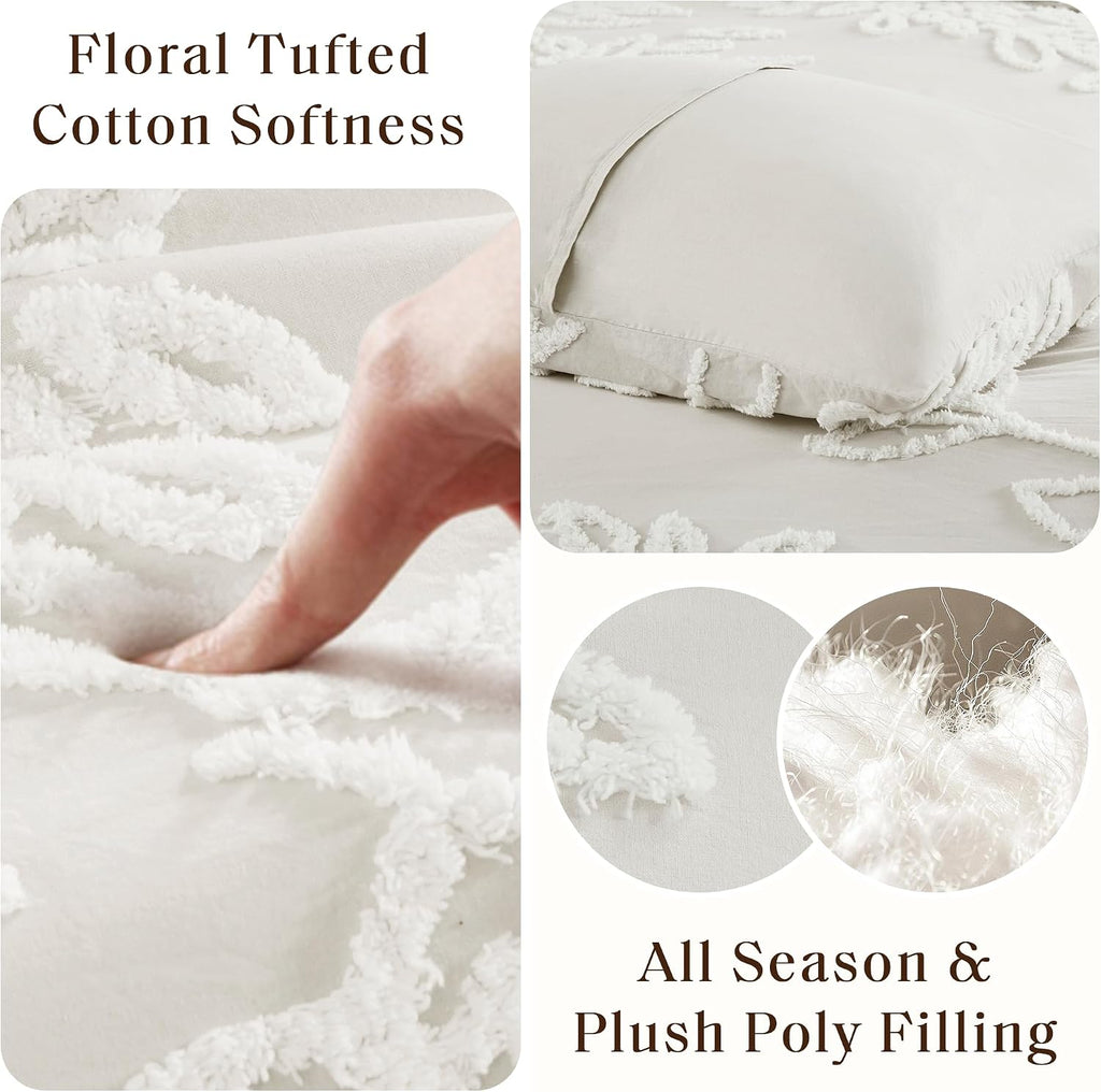 Madison Park Queen Comforter Set Floral Chenille Tufted Cotton Comforter for Queen Size Bed, Soft & Lightweight Down Alternative Queen Bedding Set, Shams, Veronica, Full/Queen Off White 3 Piece