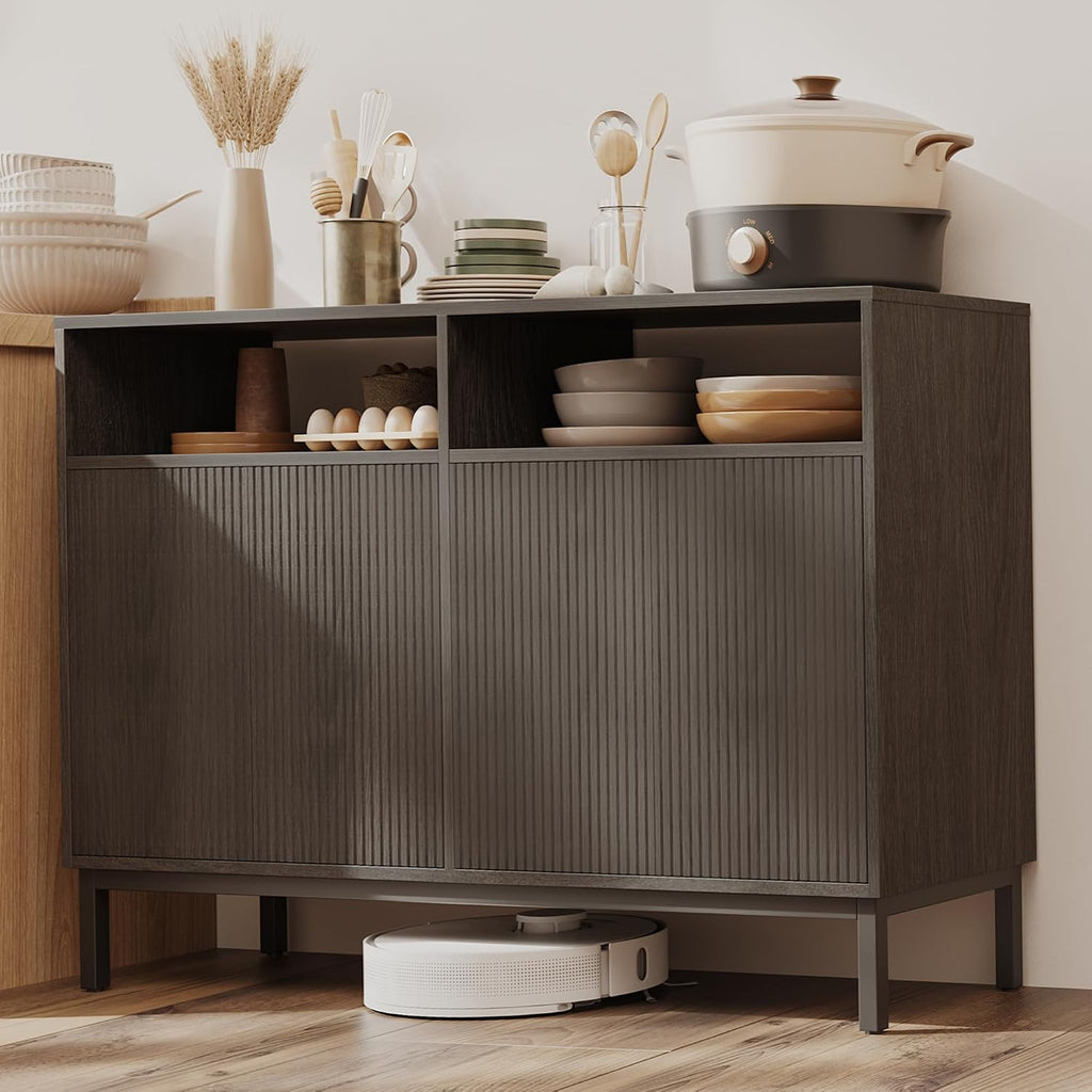 Mericonia Farmhouse Buffet Sideboard Cabinet with Storage, Fluted Coffee Bar with Doors and Adjustable Shelves, Modern Wood Console Cabinet for Kitchen, Livingroom (Fluted 4 Door, Grey)