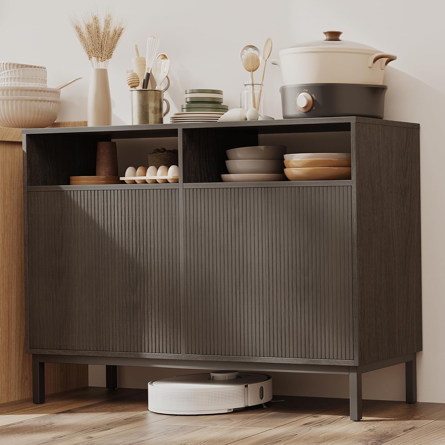 Mericonia Farmhouse Buffet Sideboard Cabinet with Storage, Fluted Coffee Bar with Doors and Adjustable Shelves, Modern Wood Console Cabinet for Kitchen, Livingroom (Fluted 4 Door, Grey)