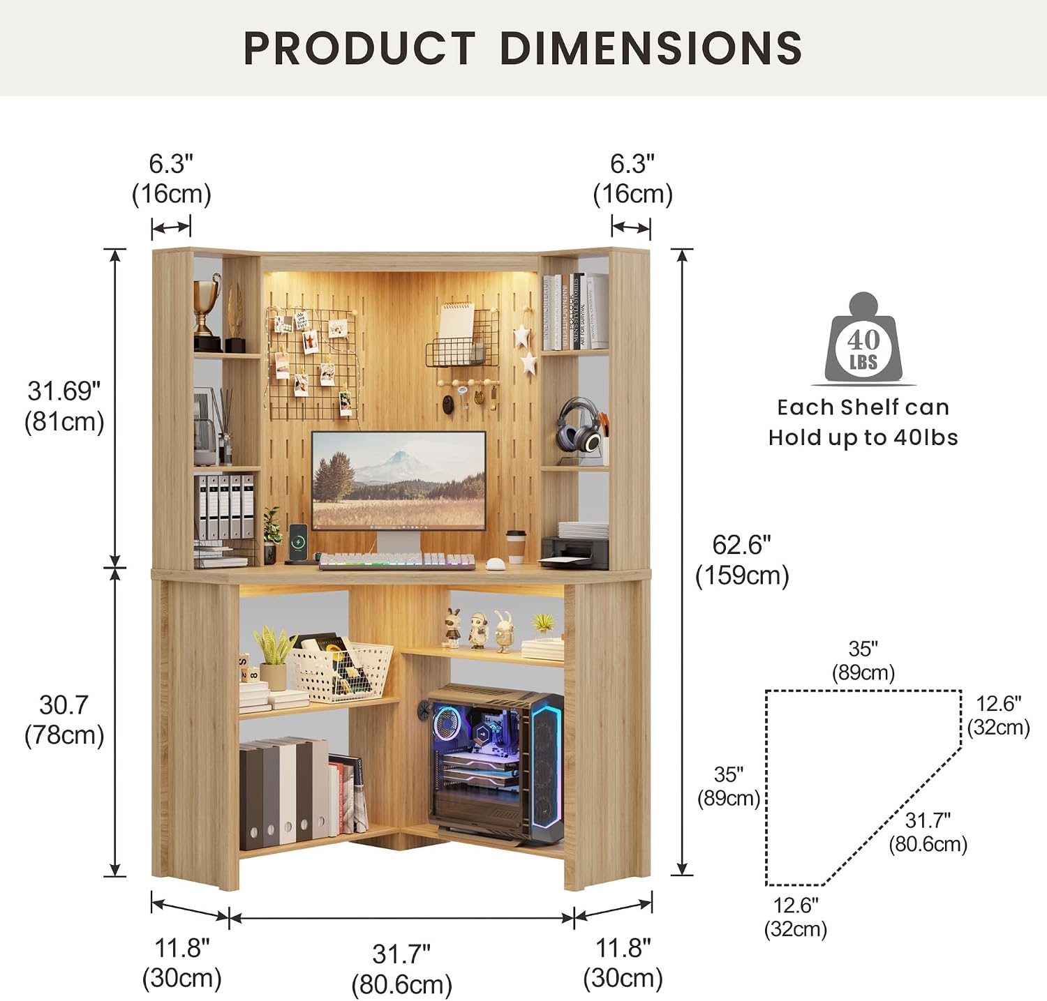 Corner Desk with - LED Reading Light, L-Shaped Computer Desk w/Hutch & Shelves, Home Office Desk w/Charging Station for Work & Study, File Cabinet Storage Bookshelf for Small Space (Natural)