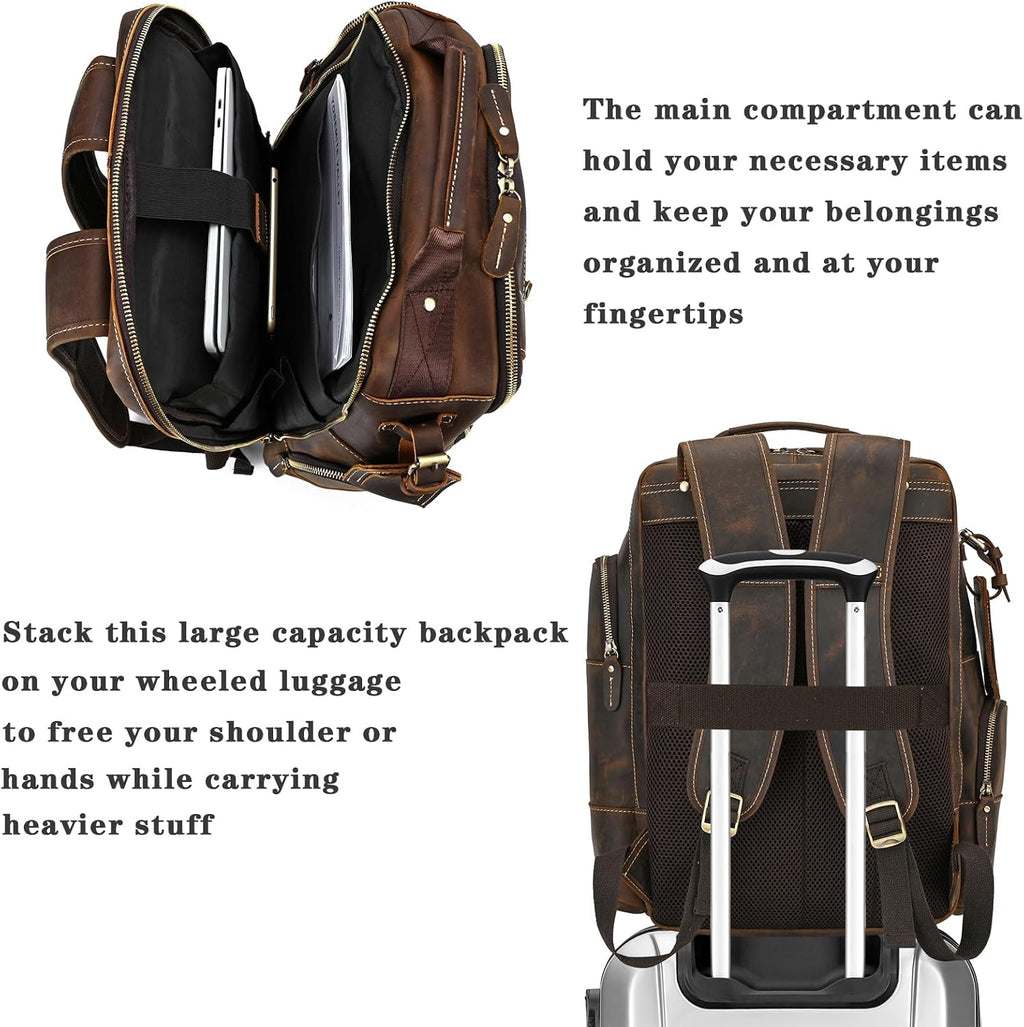 Vintage Full Grain Leather Backpack for Men, 16' Laptop Rucksack For Men Hiking Trave Work Business Bag, 9517 Brown