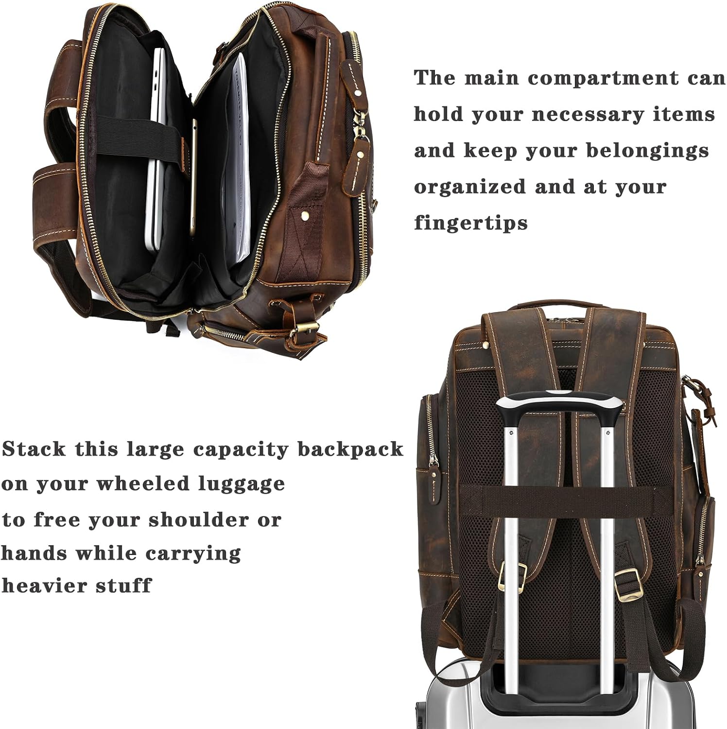 Vintage Full Grain Leather Backpack for Men, 16' Laptop Rucksack For Men Hiking Trave Work Business Bag, 9517 Brown