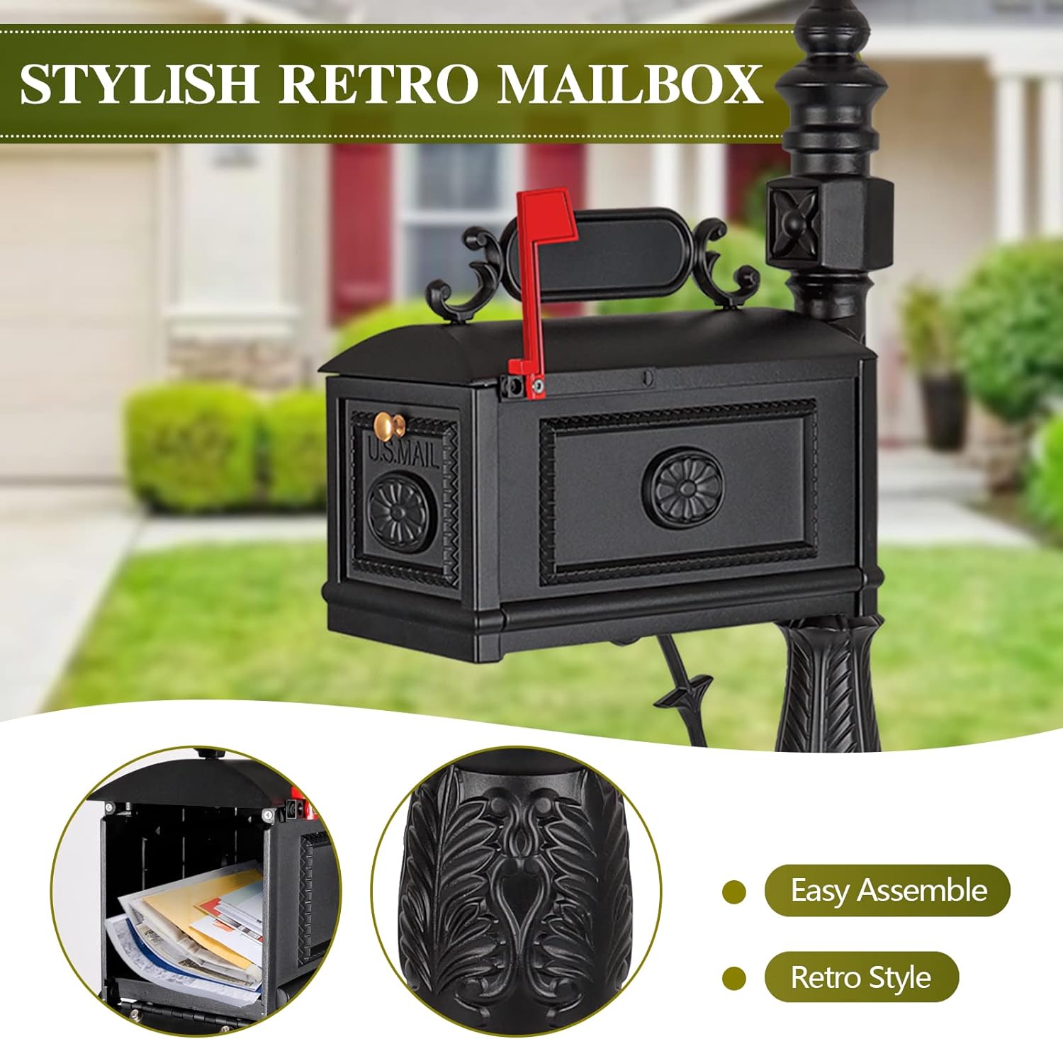 Polar Aurora Barcelona Decorative Post Mailbox Combination Stratford Heavy Duty Postal Mail Box Cast Aluminum(Black)