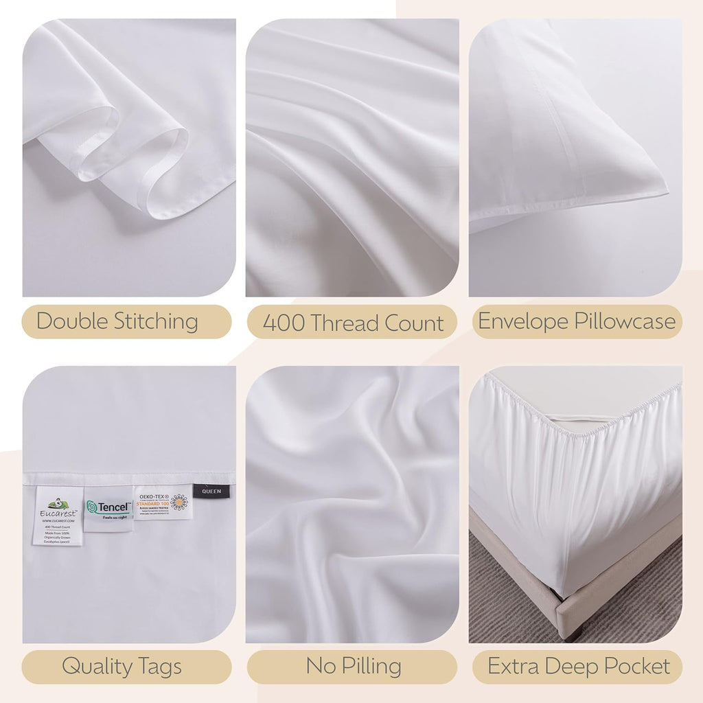 Split-King Eucalyptus Lyocell Bed Sheets, Hypoallergenic 100% Organic Tencel, Thermal Regulating and Moisture Wicking for Hot Sleepers, Superior Thread Quality, Extra Deep Pockets - White