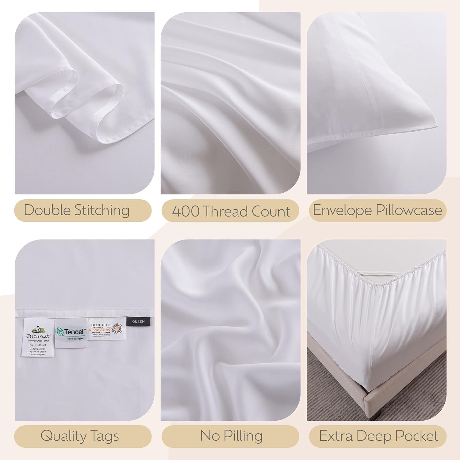 Split-King Eucalyptus Lyocell Bed Sheets, Hypoallergenic 100% Organic Tencel, Thermal Regulating and Moisture Wicking for Hot Sleepers, Superior Thread Quality, Extra Deep Pockets - White