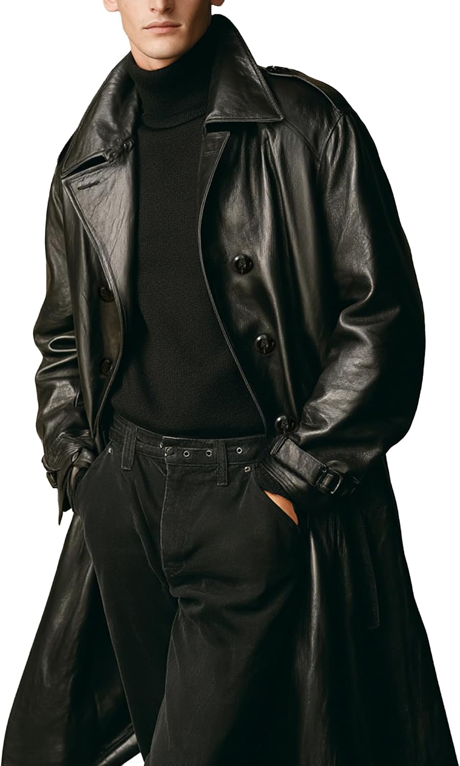 Men's Casual Long Leather Trench Coat, Slim Fit Double Breasted Notched Lapel Belt Black Full Length Jacket Overcoat