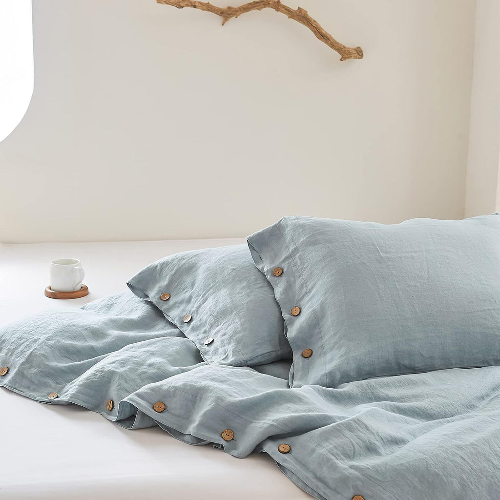 Simple&Opulence 100% Linen Duvet Cover Set 3pcs with Coconut Button Closure Natural French Washed Flax Solid Color Soft Breathable Farmhouse Bedding - Dusty Blue, Queen Size
