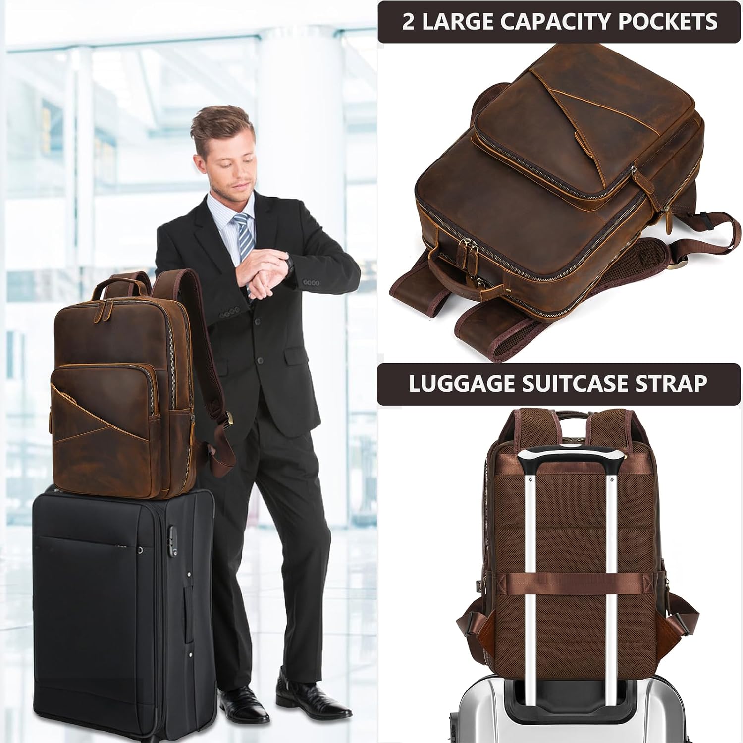 Vintage Full Grain Leather Backpack for Men, 16' Laptop Rucksack For Men Hiking Trave Work Business Bag, Brown