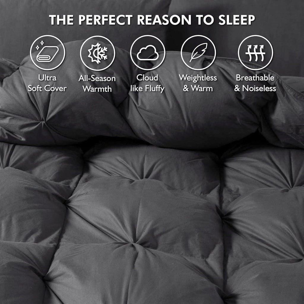 Luxurious Oversized Queen Size Goose Down Fiber Waterfowl Feather Fiber Comforter Duvet Insert, Ultra-Soft 100% Cotton Cover, 65 oz. Fill Weight, All-Season Pinch Pleat Ruffled Gray Comforter