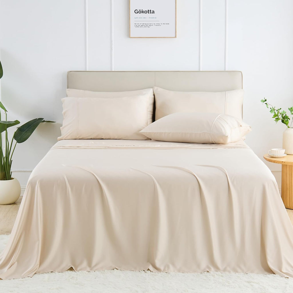 GOKOTTA King Size Bed Sheets 6 Piece Set, Ultra Soft Sheets, Cooling for Hot Sleepers - Hotel Luxury Silky Breathable Sheets, Deep Pocket Up to 16' - 100% Rayon Derived from Bamboo (Light Beige)