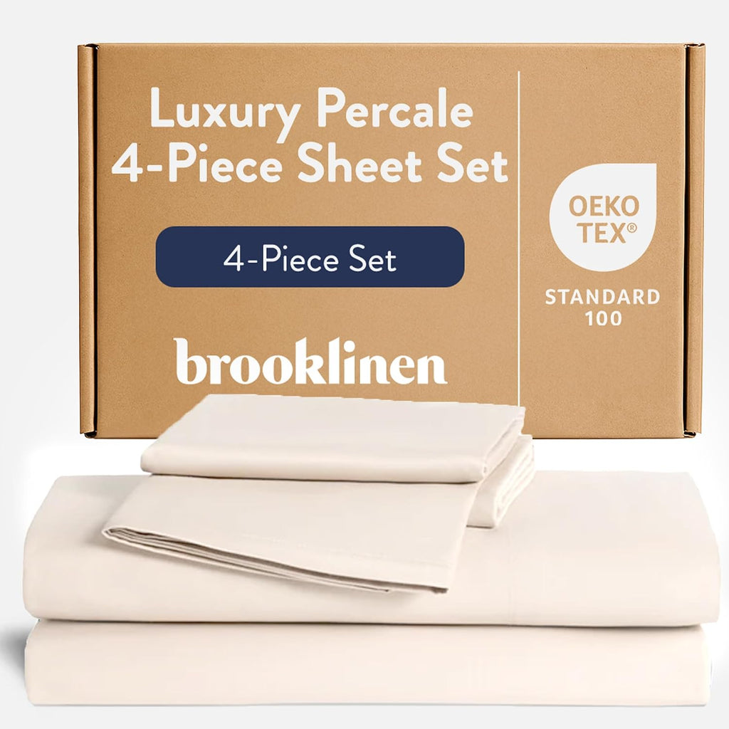 Brooklinen Luxury Percale Sheet Set - 4 Piece 100% Cotton Bed Sheets - 1 Fitted & 1 Flat Sheet, 2 Pillowcases - Cotton Percale Sheets for Hot Sleepers (Full Size, Cream)