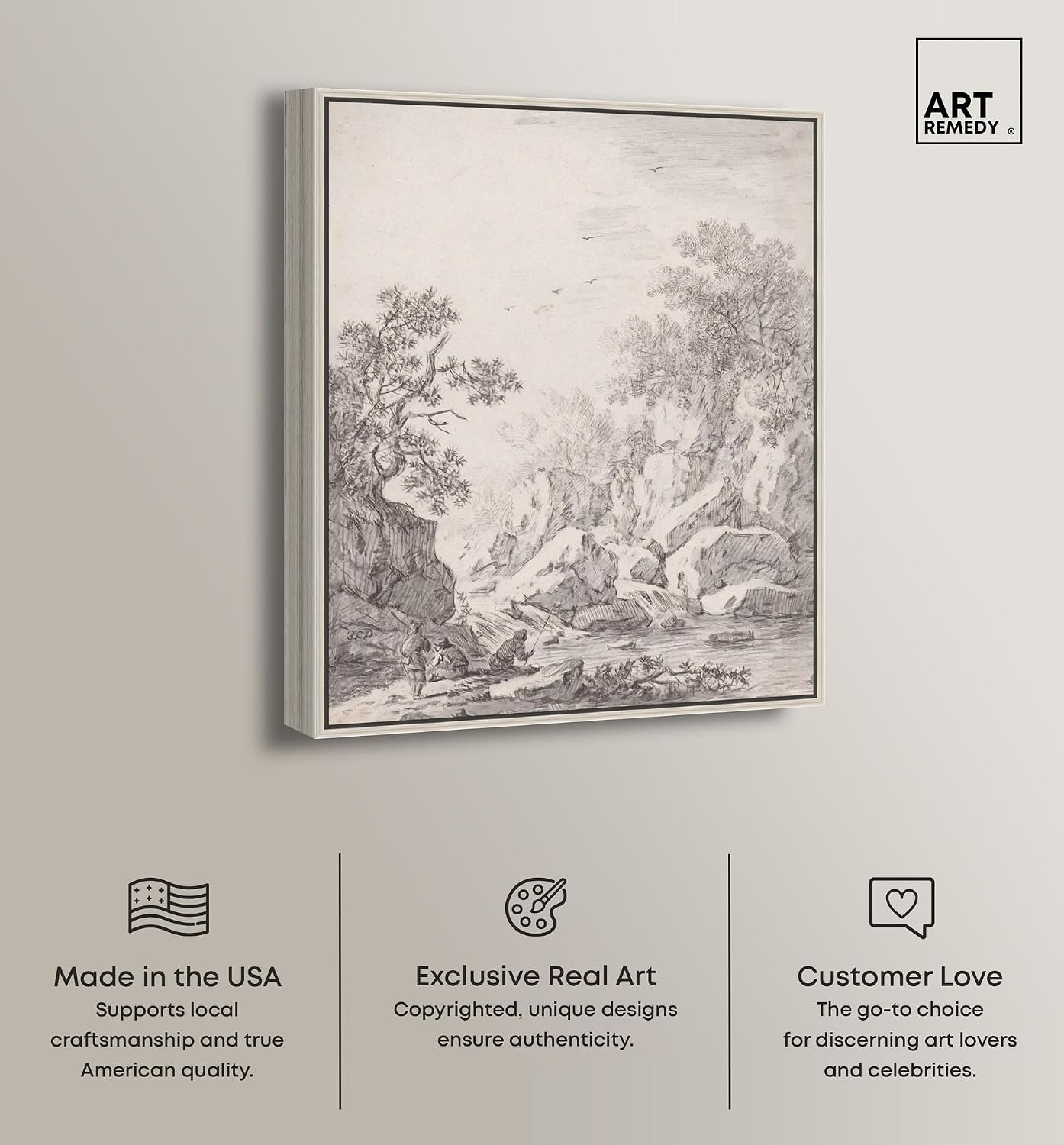 Art Remedy A Waterfall by Rock Cliffs 1750s Canvas Classic Sketches, Silver Frame, 20' x 24'