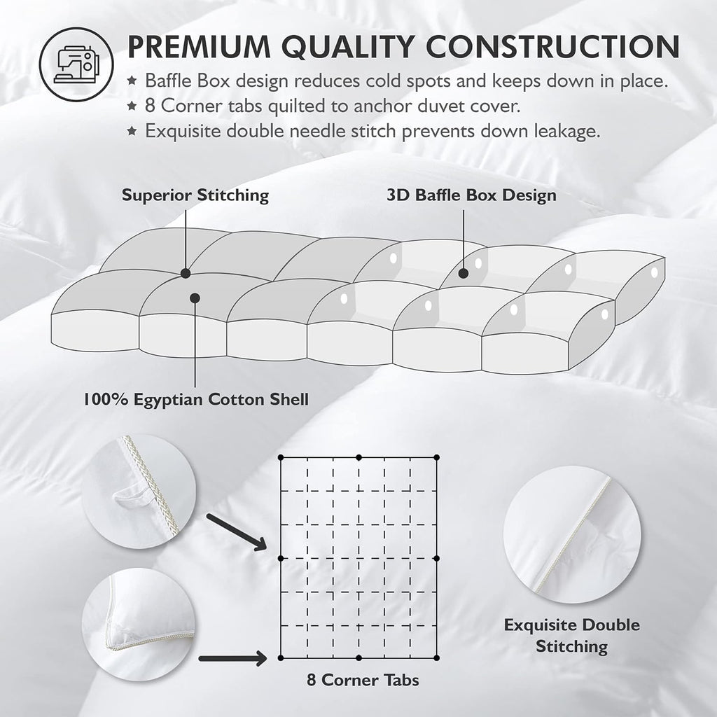 Luxurious Oversized Super King 120' x 120' Size Goose Down Fiber Waterfowl Feather Fiber Comforter Duvet, 100% Egyptian Cotton Cover, 90 oz. Fill Weight, Baffle Box Design, White Solid