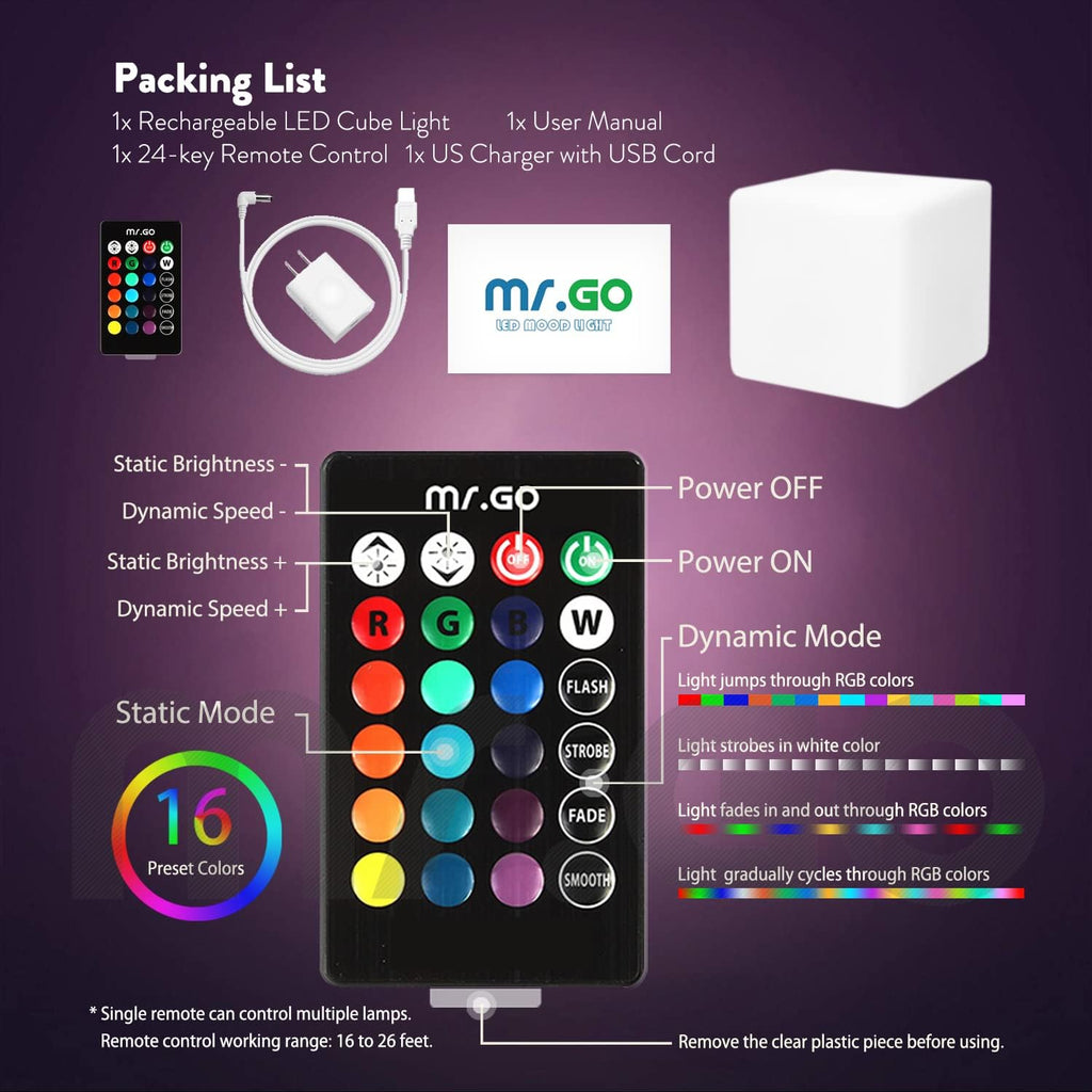 Mr.Go 14-Inch Color Changing LED Cube Light Stool, Glow Cube Seat for Kids, Modern LED Light Side Table, 16 RGB Colors Mood Lighting, Ideal for Home Garden Patio Bar Pool Party Decorative Lighting