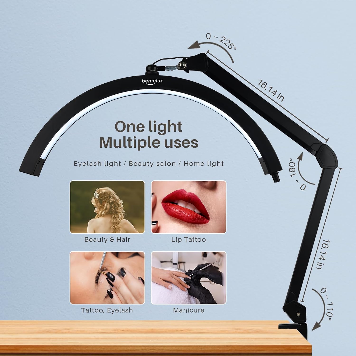 LED Half Moon Light with Desk Clamp, 30W Bright 288PCS LEDs, Metal Swing Arm for Beauty, Nail Art, Makeup, Facial Care, Tattoos, Sewing and Hand Craft DIY(Black)