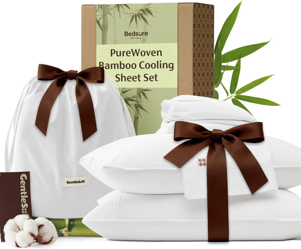 Bedsure Bamboo Viscose Cooling Sheets, Rayon Cotton Serene Blend, PureWoven, Breathable & Buttery Soft King Size Sheets Set, Deep Pocket Up to 18', Hotel Luxury Bedding for Hot Sleepers, White