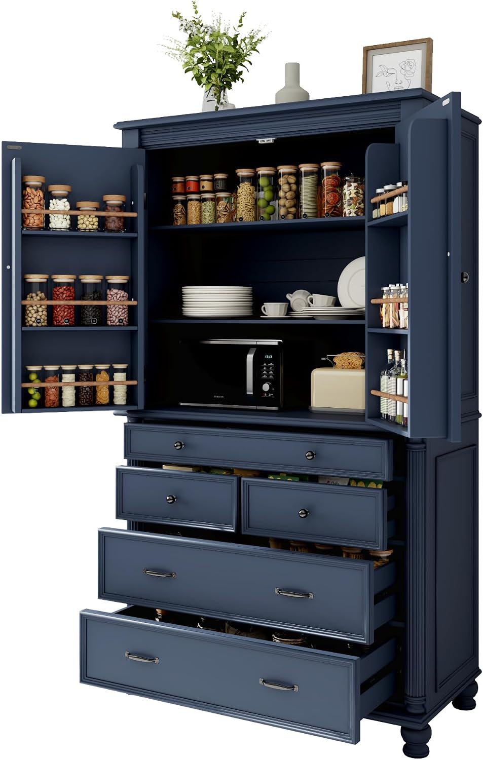 77.3 inch Tall Kitchen Pantry Cabinet with 6 Door Shelves and 2 Adjustable Shelves, Wooden Storage Cabinet Cupboard with 6 Drawers for Kitchen, Dining (Blue-83)