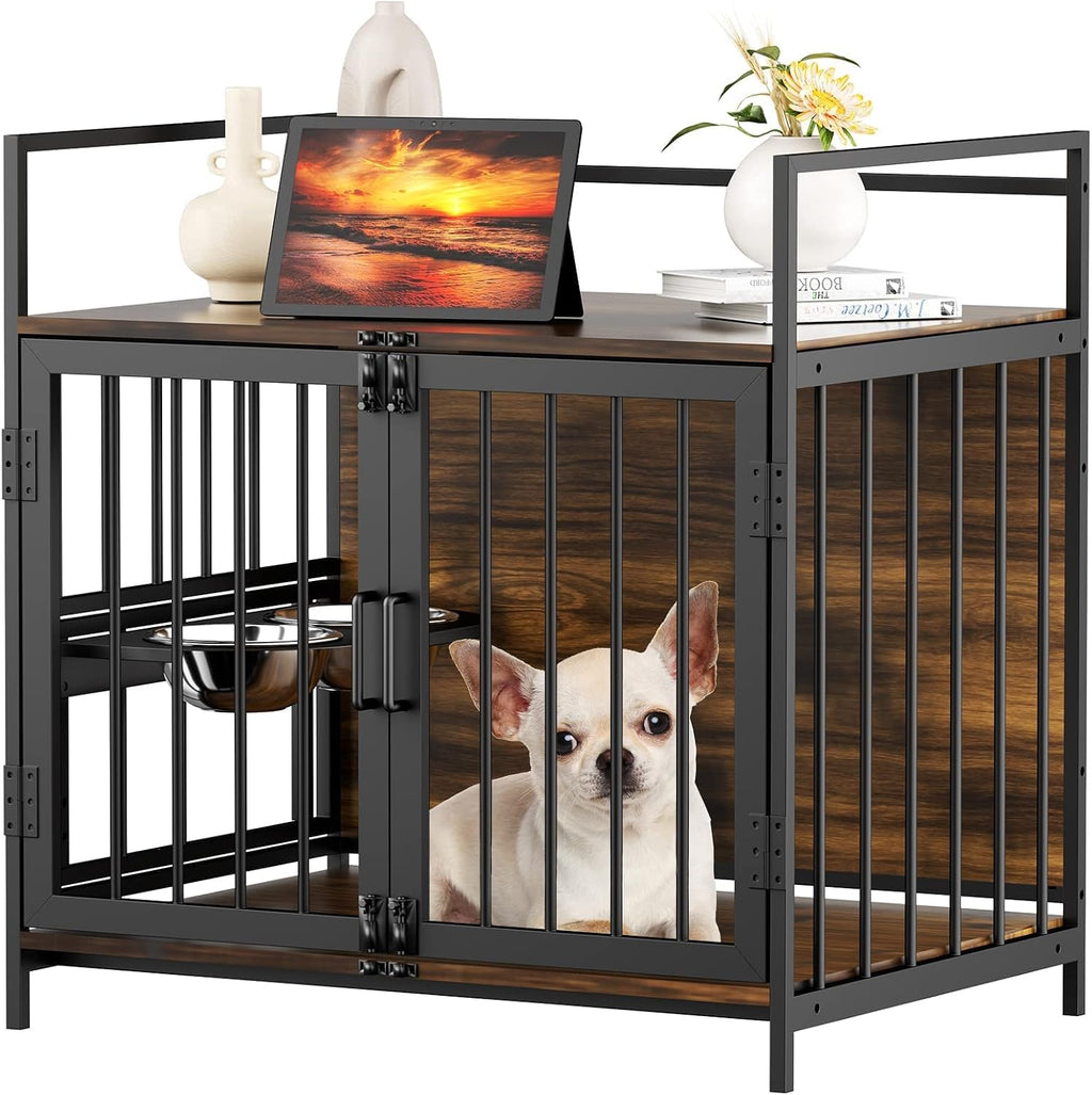 ROOMTEC Dog Crate Furniture-Style Cages for Small Dogs Indoor Heavy Duty Super Sturdy Dog Kennels with 2 Stainless Steel Bowls (32Inch = Int.dims: 30.7' W x 20' D x 20' H)