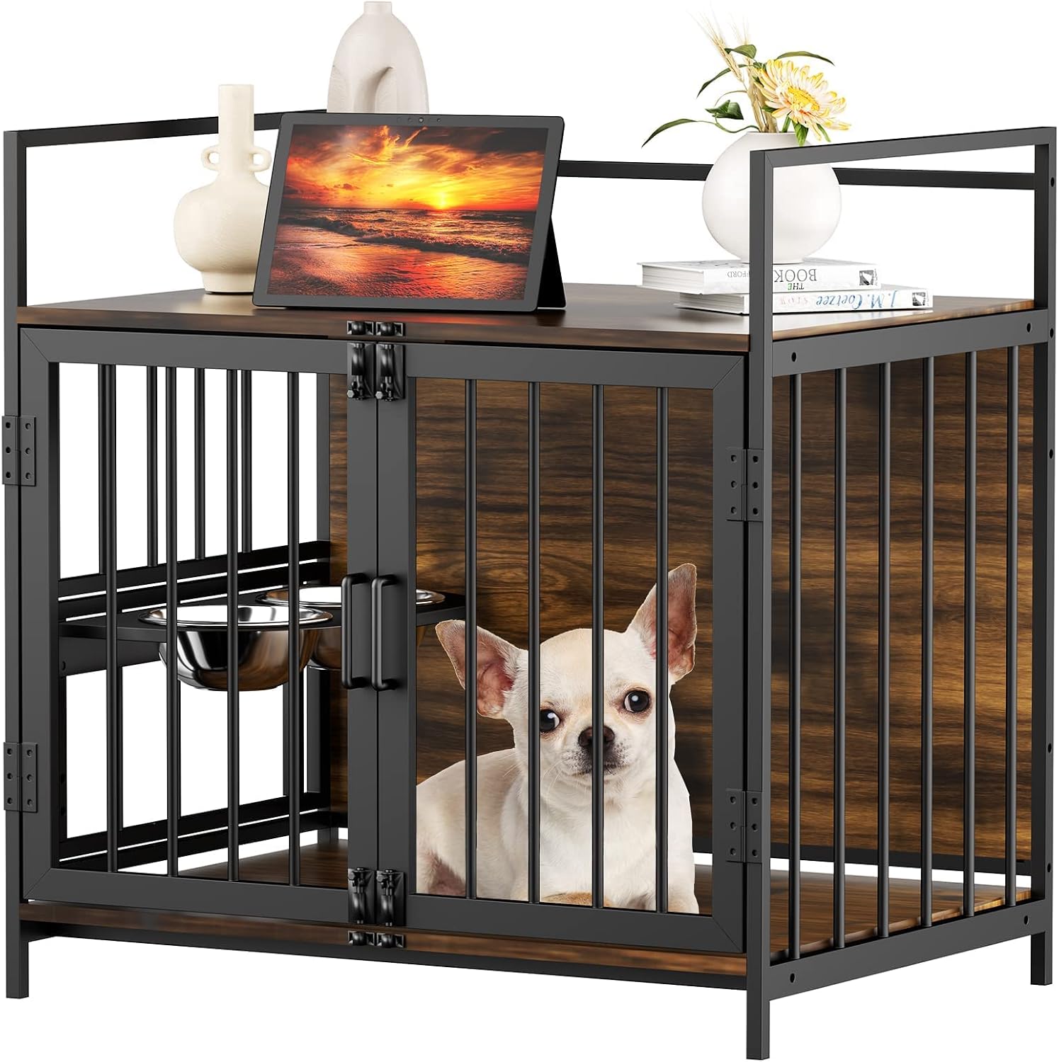 ROOMTEC Dog Crate Furniture-Style Cages for Small Dogs Indoor Heavy Duty Super Sturdy Dog Kennels with 2 Stainless Steel Bowls (32Inch = Int.dims: 30.7' W x 20' D x 20' H)
