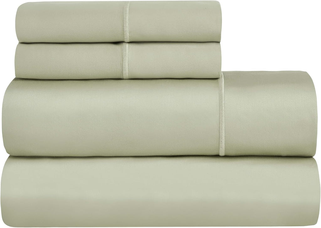 Superior Egyptian Cotton 1500 Thread Count Bed Sheet Set, Daily Soft Sheets, Embroidered Marrow Stitch Hem, Bedding Essentials, 1 Deep Pocket Fitted Sheet, 1 Flat Sheet, 2 Pillowcases, Queen, Sage